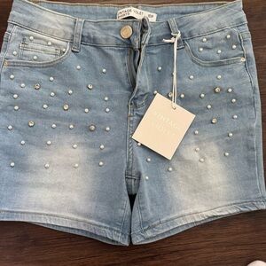Light Blue Jean Shorts with Pearl Accents